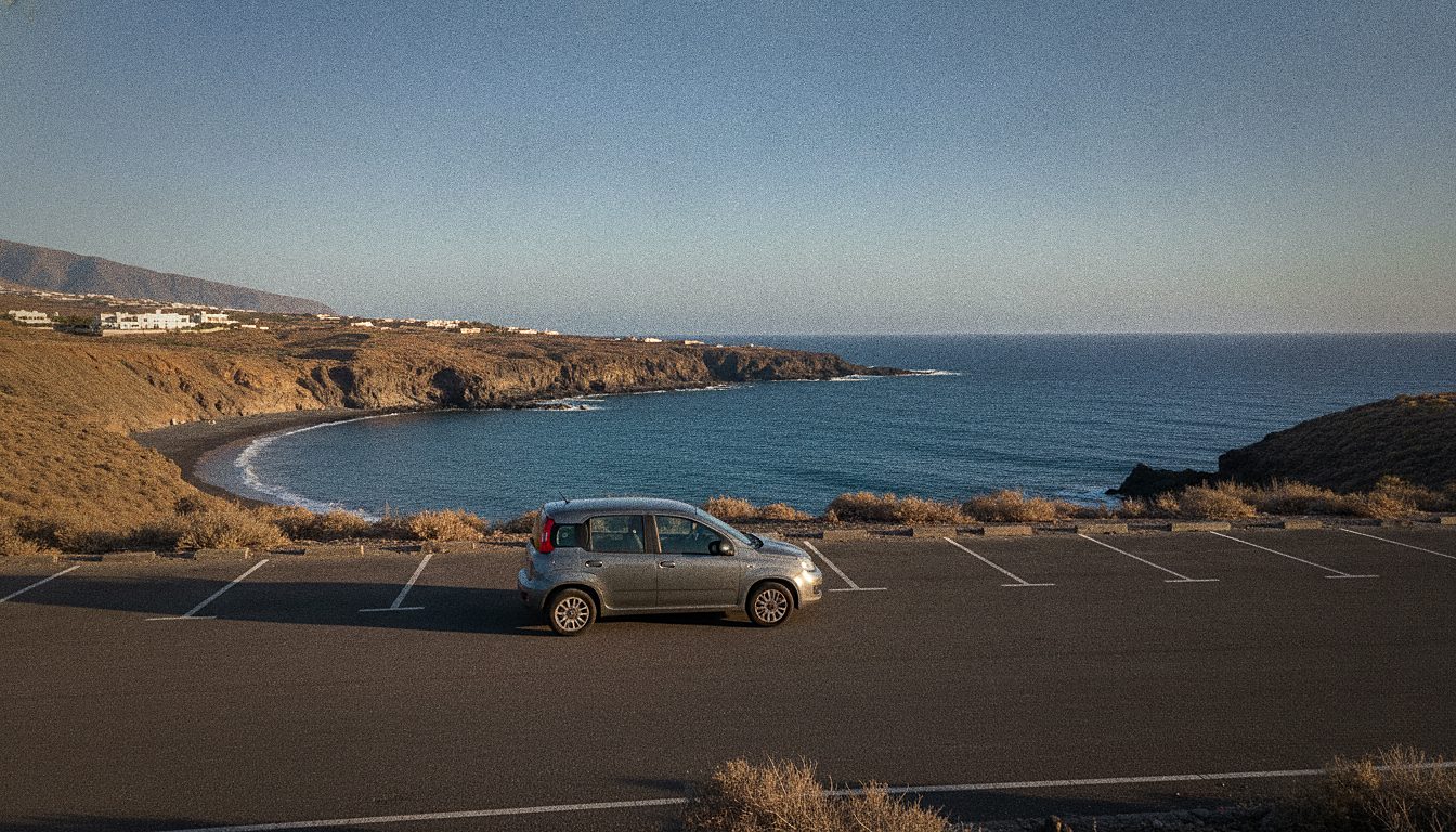 Kompakter grauer Kleinwagen wie ein Fiat Panda auf einem Parkplatz mit Blick auf die Küste von Teneriffa Süd