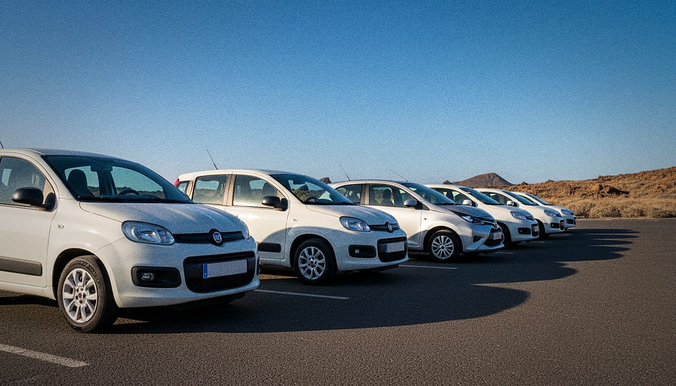 Reihe kleiner, günstiger Mietwagen wie Fiat Panda und Toyota Aygo auf einem Parkplatz in Teneriffa Süd