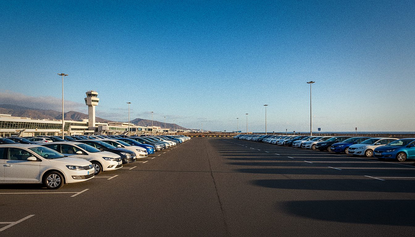 Reihe von Mietwagen auf einem Parkplatz nahe dem Flughafen Teneriffa Süd