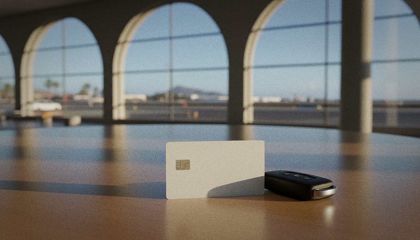 Nahaufnahme einer Kreditkarte neben einem Mietwagenschlüssel am Flughafen Teneriffa Süd