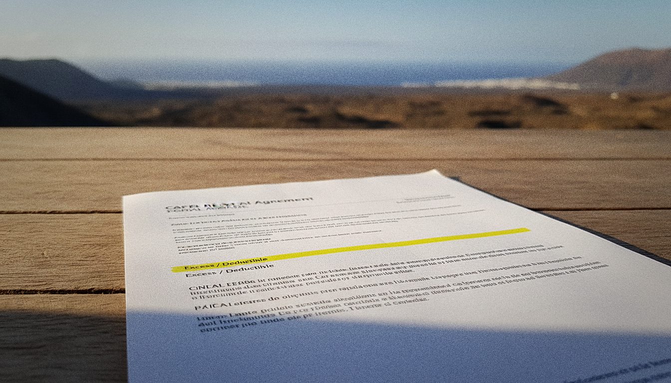 Nahaufnahme eines Mietvertrags auf Teneriffa Süd mit markierter Selbstbeteiligungs-Zeile