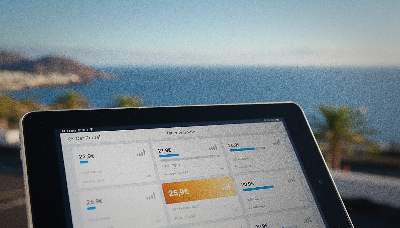 Nahaufnahme eines Buchungsbildschirms mit Preisvergleich für Mietwagen in Teneriffa Süd
